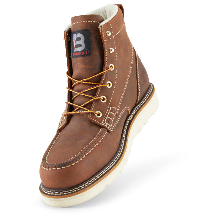 Style Bravo men’s safety-toe boots in Crazy Horse leather. They offer a lightweight design, Smartmask Insole, and Goodyear Welt Construction.