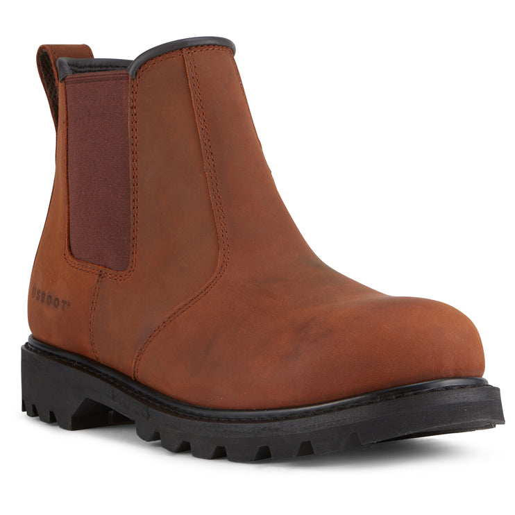 Steel toe Chelsea boots by Style Fade, crafted from brown Crazy Horse leather with twin gore design and electrical hazard rating.