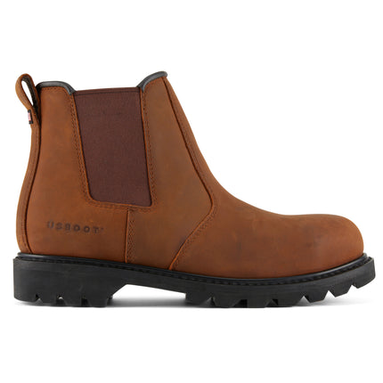 Men's Style Fade Vintage Crazy Horse boots in brown leather, featuring a steel toe, twin gore design, and oil/slip resistance.