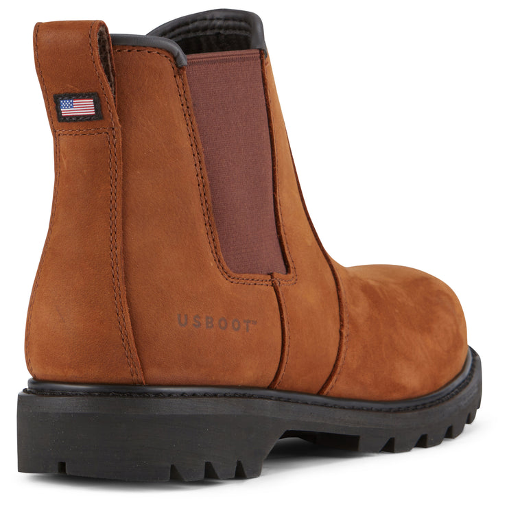 Style Fade Shark Men’s Brown Leather Chelsea Boots with Steel Toe Protection, Slip-Resistant Sole, and Electrical Hazard Rating for safe work environments.