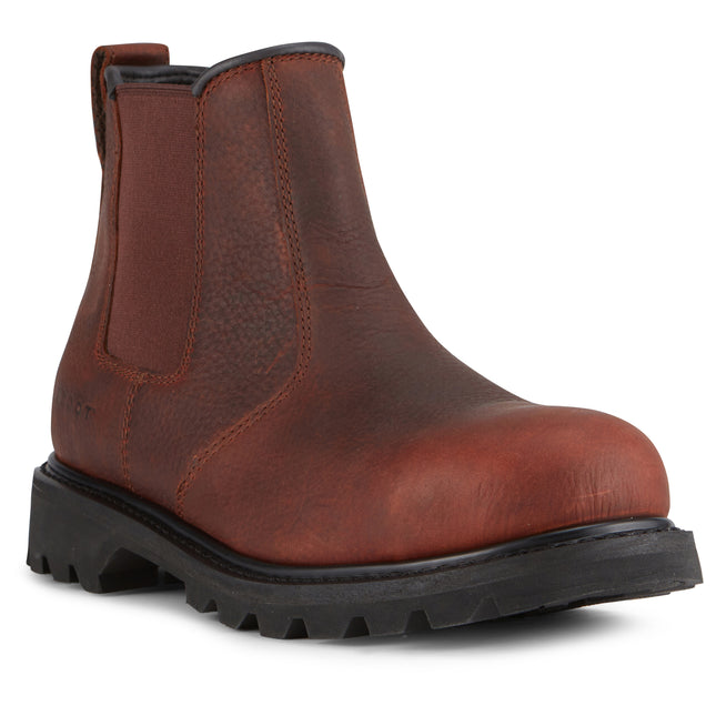 High Abrasion-Resistant Men’s Boots in Brown Crazy Horse Leather with Steel Toe, Oil & Slip Resistant Features, and Electrical Hazard Rating for Safe Work.