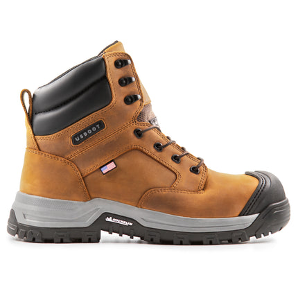 Durable Sand Brown Crazy Horse Leather Safety Boot for Men, featuring Composite Toe, EVA Midsole, Smartmask® Insole, and Michelin Sole.