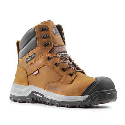 	Brown leather Style Bravo Echo Men Composite Safety Toe Boot with Shock Absorption Insole, Steel Shank, and Michelin Slip-Resistant Sole.