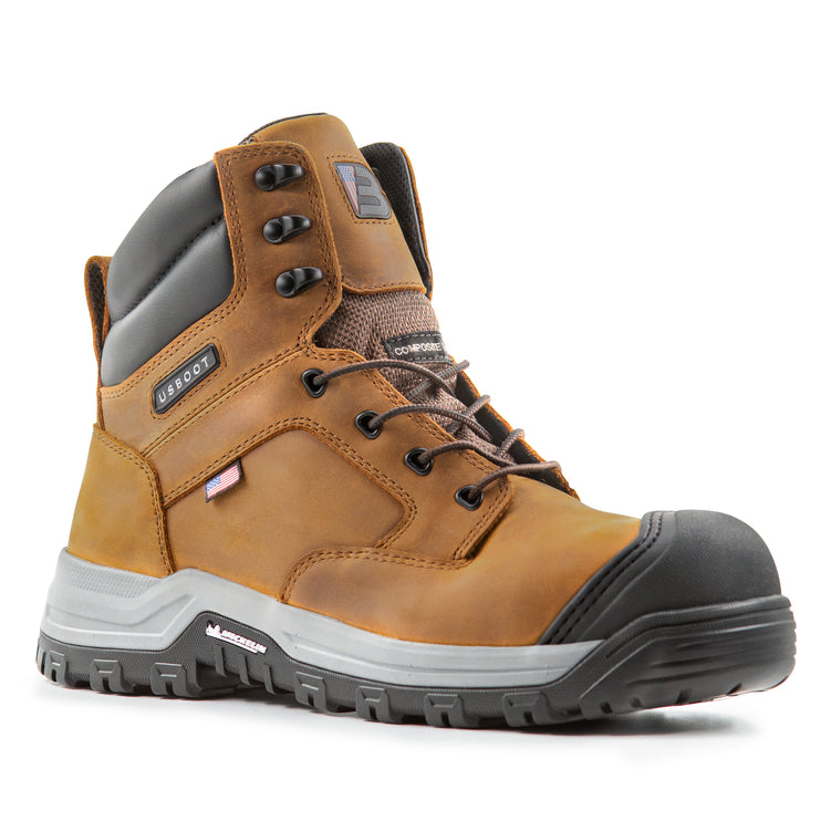 	Brown Leather Style Bravo Echo Men’s Safety Toe Boot, featuring EVA Cushion Midsole, Steel Shank, Smartmask® Insole, and Slip-Resistant Michelin Sole.