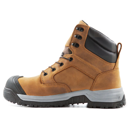 Style Bravo Echo Men’s Composite Toe Boot in Sand Brown Leather with Shock Absorbing Insole, Steel Shank, and Slip-Resistant Michelin Sole.