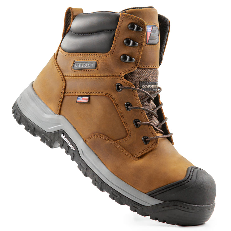 Style Bravo Echo Men’s Safety Boot with Composite Toe, Sand Brown Crazy Horse Leather, Shock Absorbing Insole, Steel Shank, and Oil-Resistant Sole.