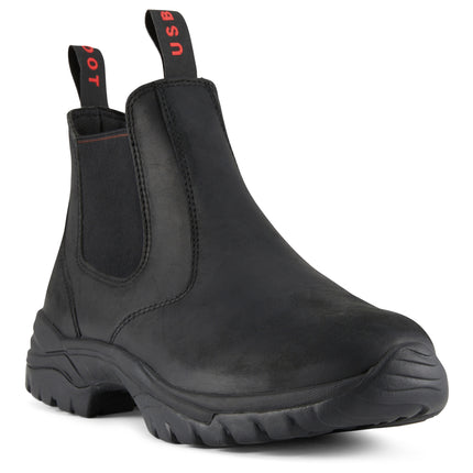 Men's Style Vanish Vintage Crazy Horse Boots, black leather Chelsea style, lightweight, oil/slip-resistant, and USA-made.