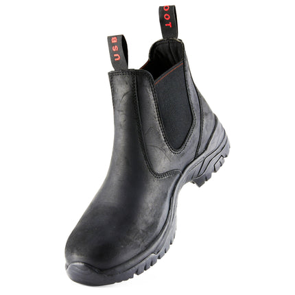 Add a touch of luxury with Style Vanish Shinny Chelsea Boots, crafted from black leather with mesh lining, oil and slip-resistant features, and elastic side panels.